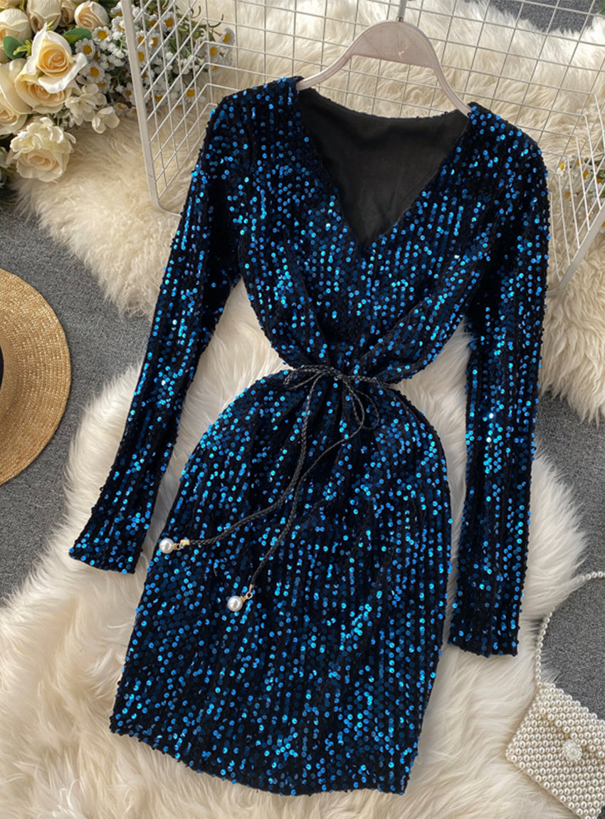 Shiny sequined long-sleeved bag hip short dress women's dress  1173