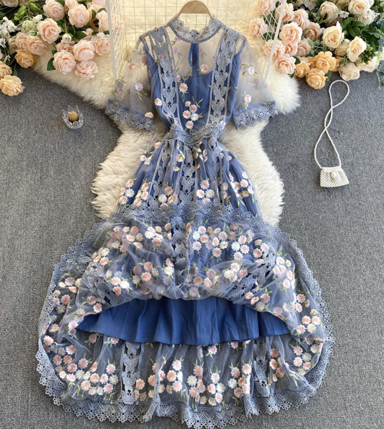 Robe courte en dentelle de haute qualité, robe trapèze bleue 796