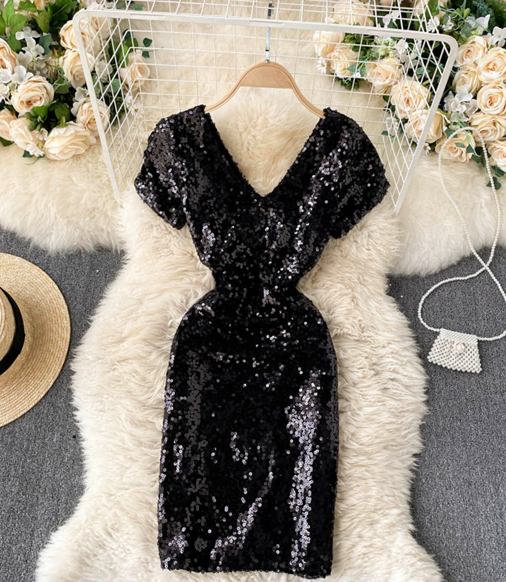 Shiny v neck sequins short dress party dress  860