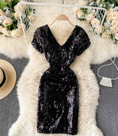 Shiny v neck sequins short dress party dress  860