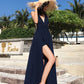 Simple V neck chiffon long dress blue dress  1218