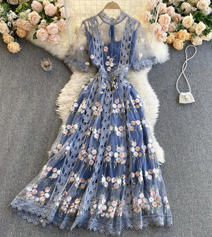 Robe courte en dentelle de haute qualité, robe trapèze bleue 796