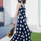 Blue V neck bow long dress women's dress  1129