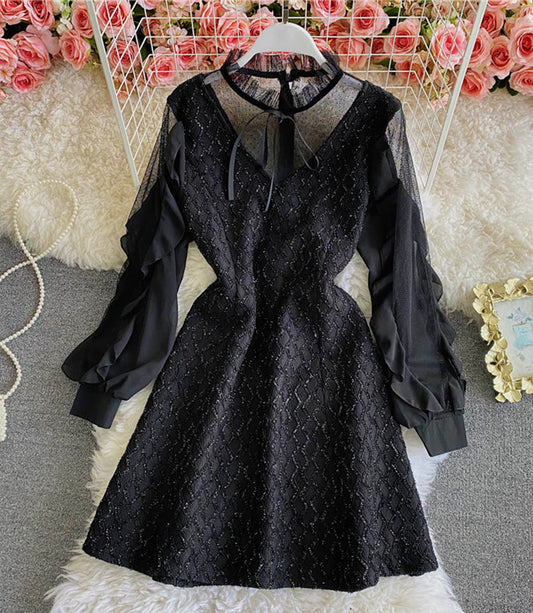 Schwarzes durchsichtiges Kleid in A-Linie kurzes Kleid 856