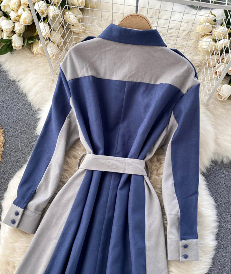 Stylish long-sleeved dress color matching slim dress  951