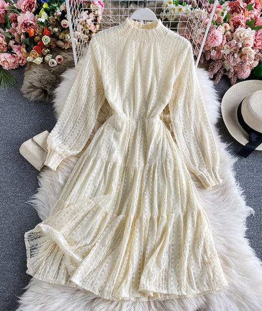 Süßes Spitzen-Langarmkleid Spitzenkleid 974