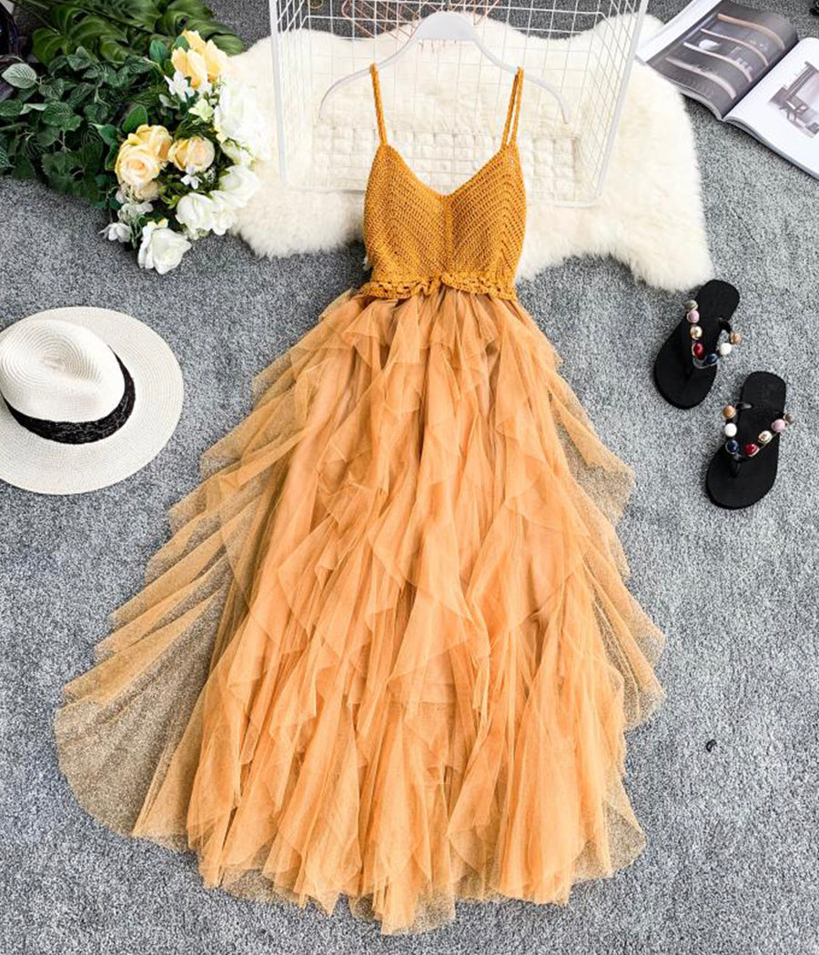 Spaghetti Straps Ruffle Midi Dress  1289