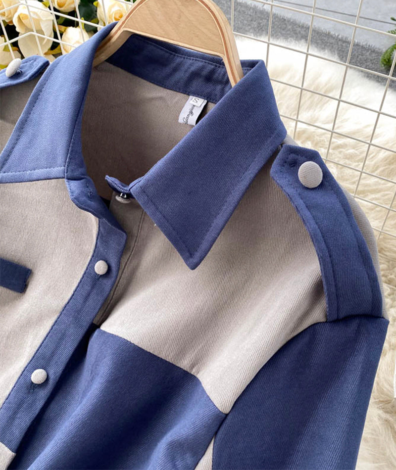 Stylish long-sleeved dress color matching slim dress  951