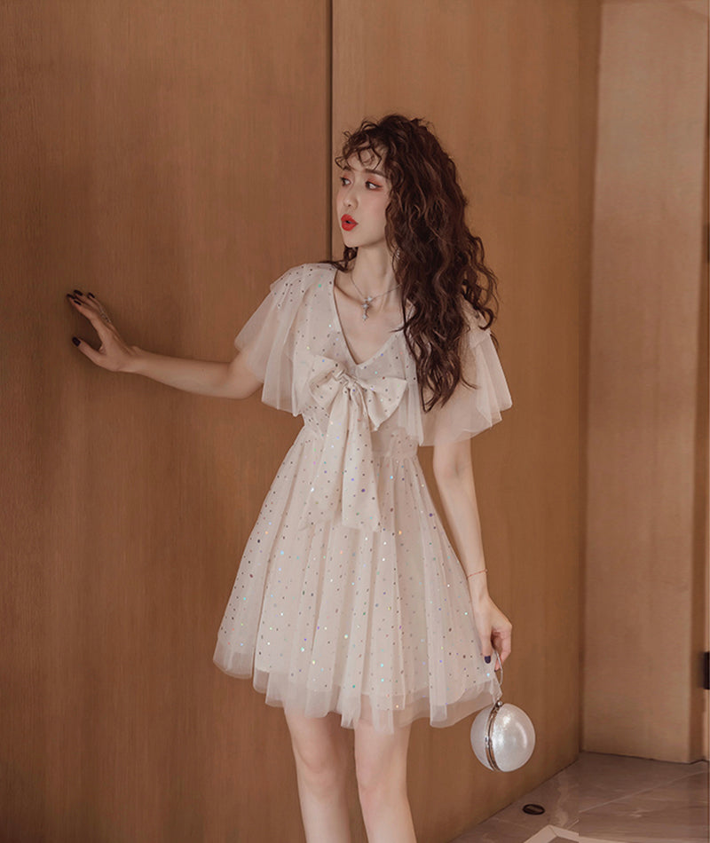 Cute v neck tulle short dress fashion dress  1080