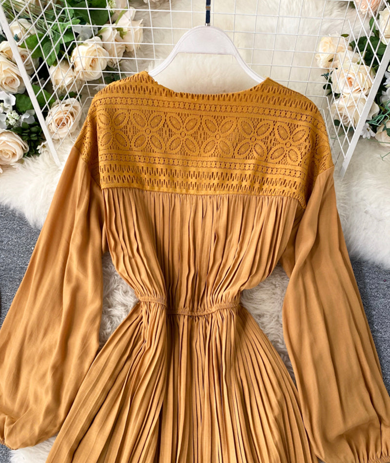 Vintage v neck pleated dress long sleeve dress  1033