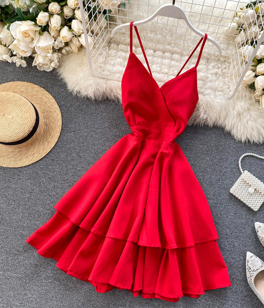 A line v neck short dress summer dress  1196