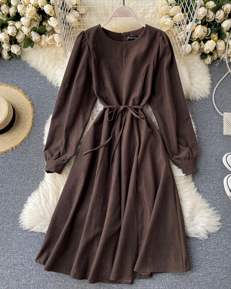 Retro round neck long sleeve dress  1020