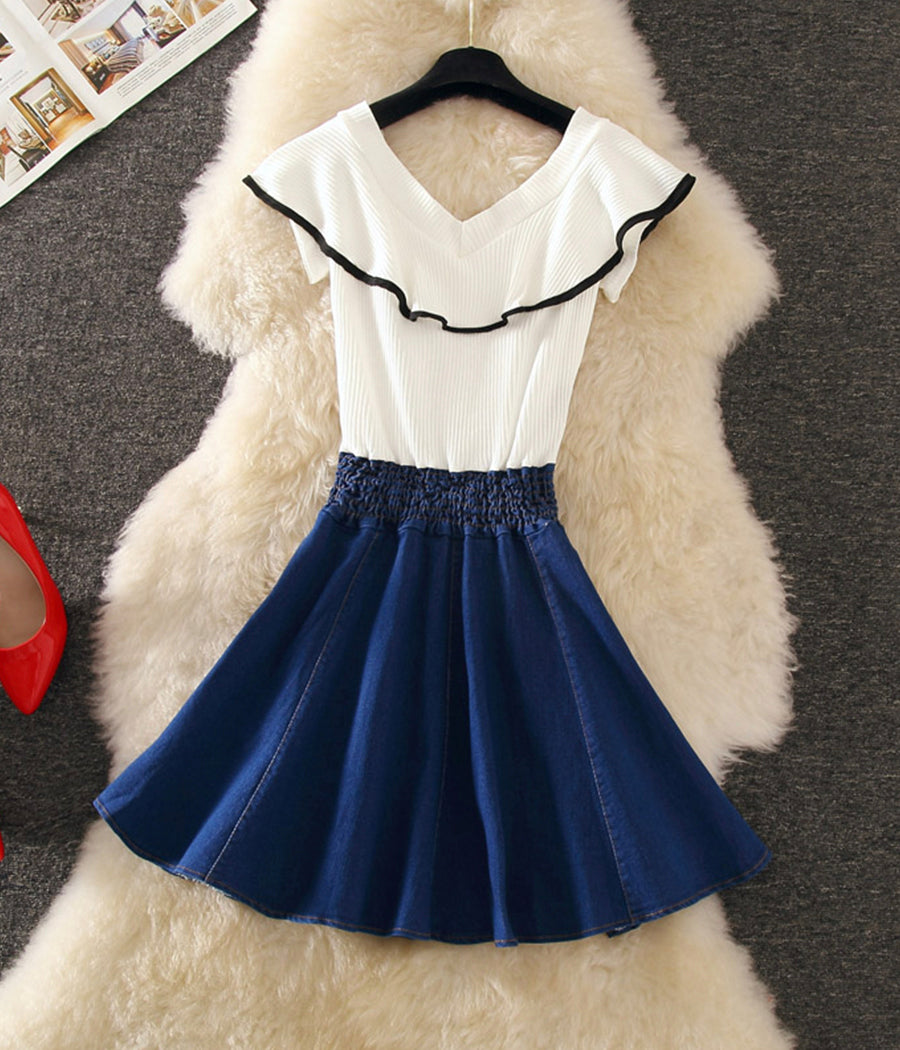 Cute v neck denim stitching dress summer dress  1251