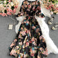 Black A line v neck floral dress  930