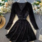 Black v neck velvet short dress  900