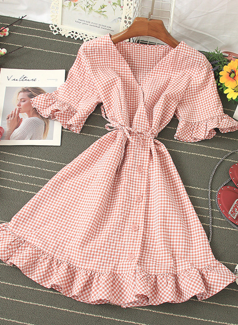 Retro v neck plaid dress women's dress  1202
