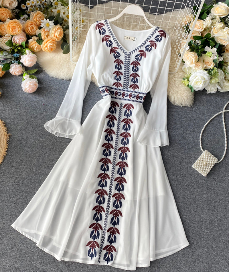Stylish A line embroidery dress v neck chiffon dress  1016