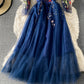 Blue A line tulle dress blue embroidery dress  852