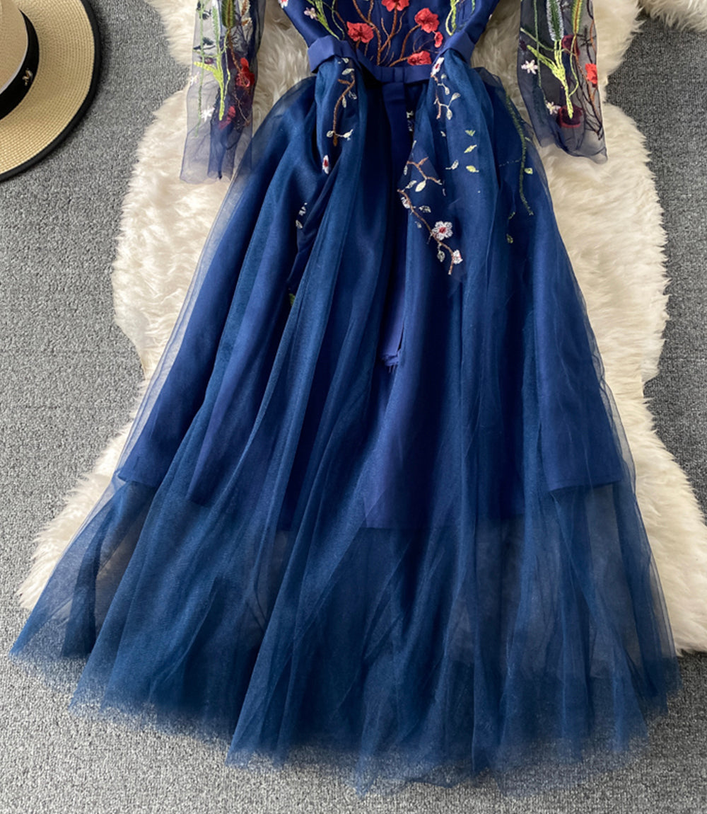 Blue A line tulle dress blue embroidery dress  852