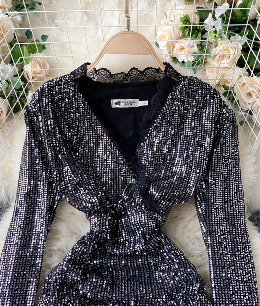 Stylish v neck sequins short dress party dress  906