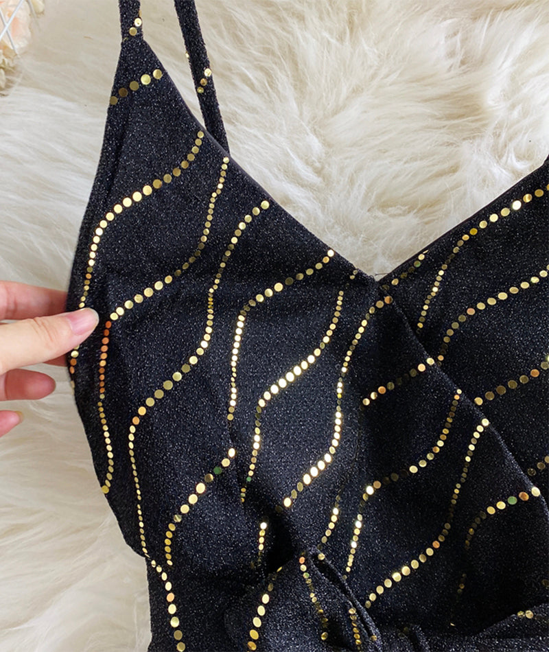 Black v neck sequins short dress  960