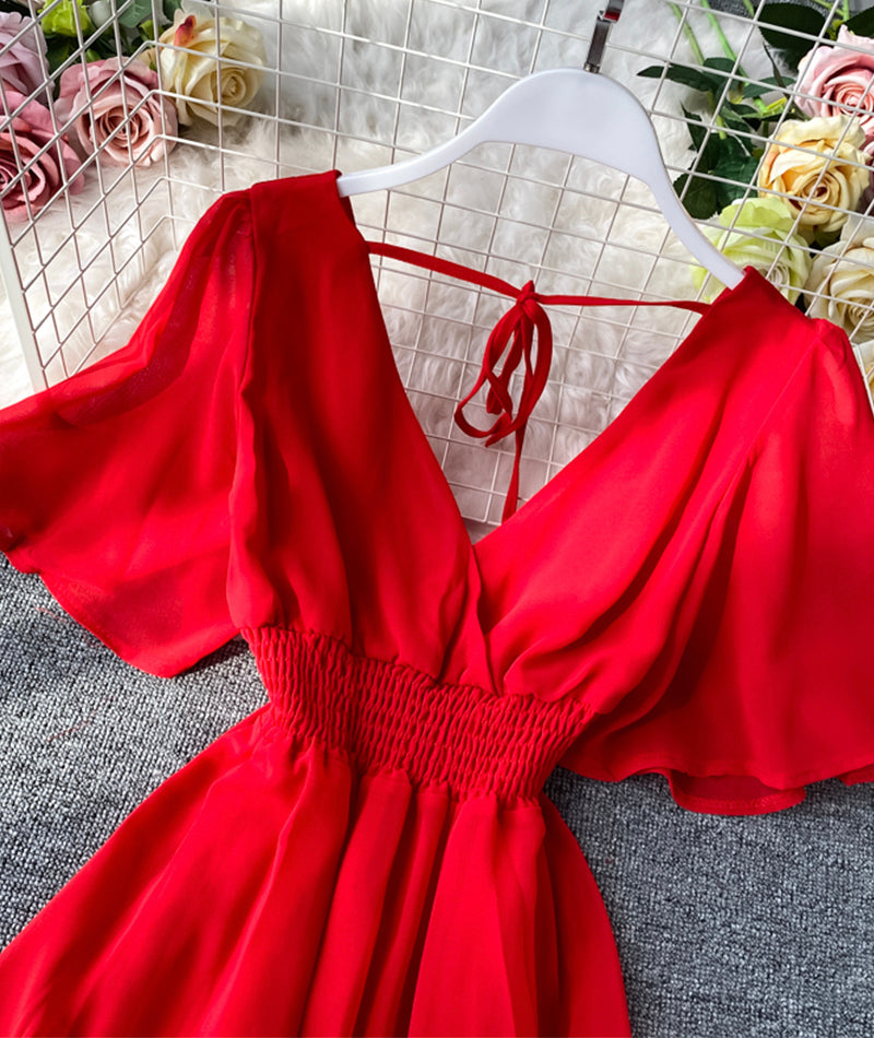 Red v neck short sleeves chiffon dress fashion dress  1065