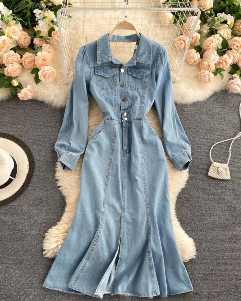 Stylish denim backless dress long sleeve dress  1019