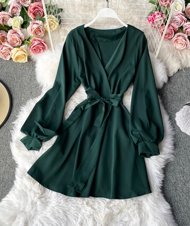 Simple v neck short dress long sleeve dress  956