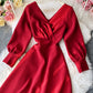 Simple A line v neck dress long sleeve dress  916