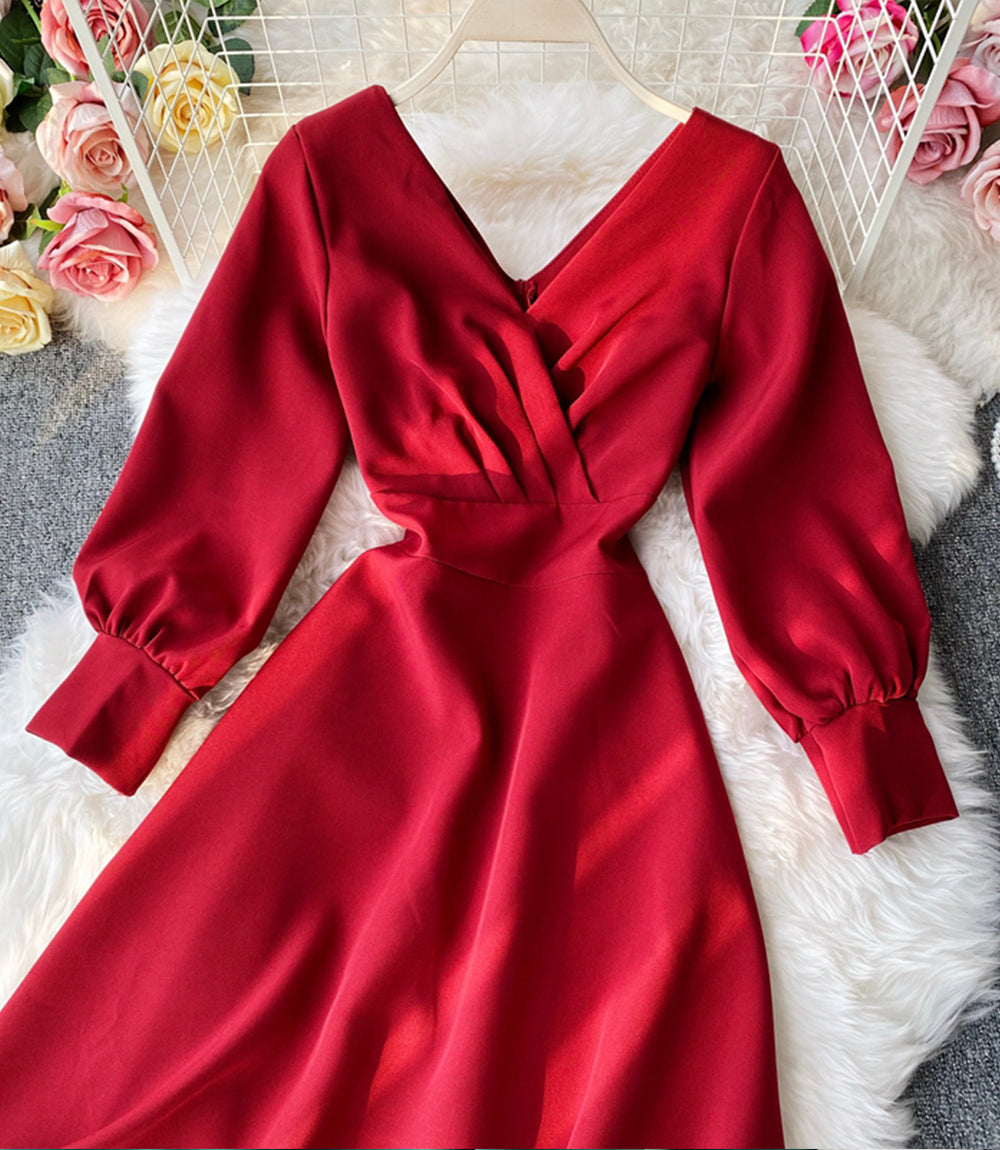 Simple A line v neck dress long sleeve dress  916