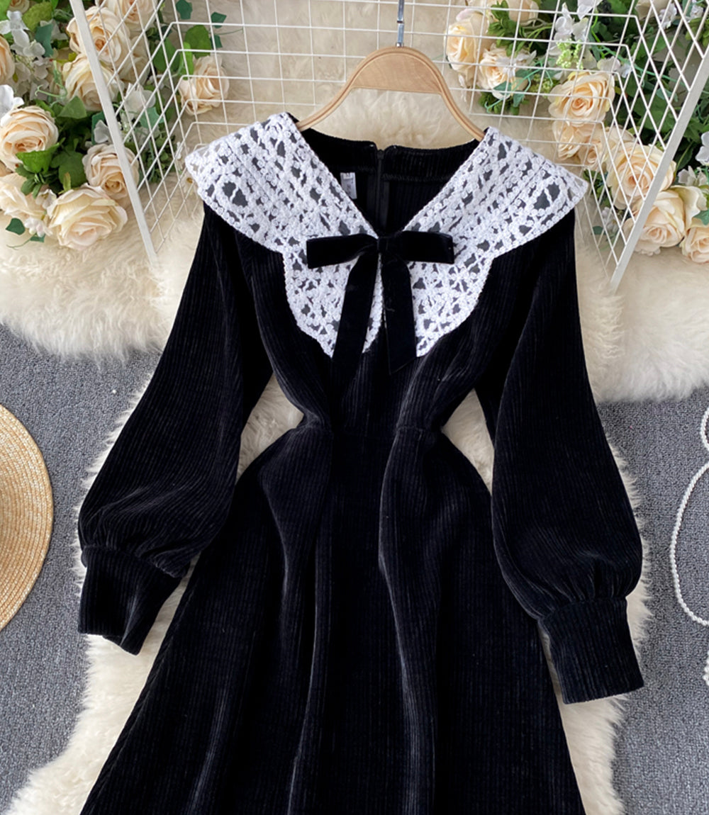 Lovely A line corduroy dress long sleeve lace dress  922