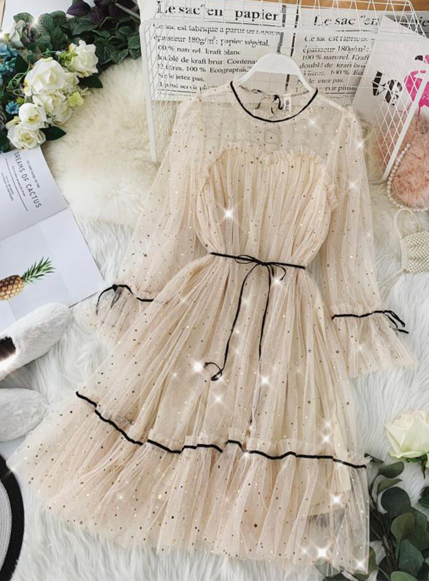 Schönes Tüll-Sterne-Pailletten-Kleid Sommerkleid 1176