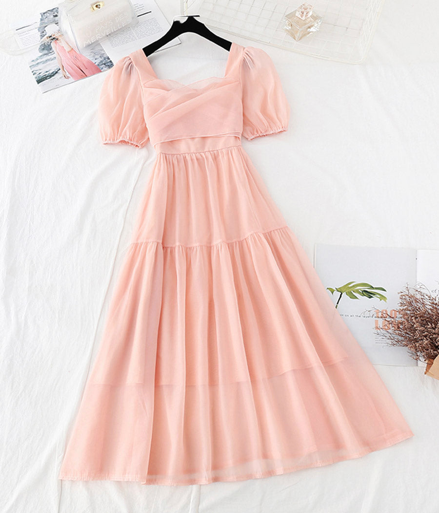 Pink chiffon A line dress short sleeve dress  1130