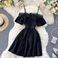 Cute black lace short dress A line off shoulder dress  742