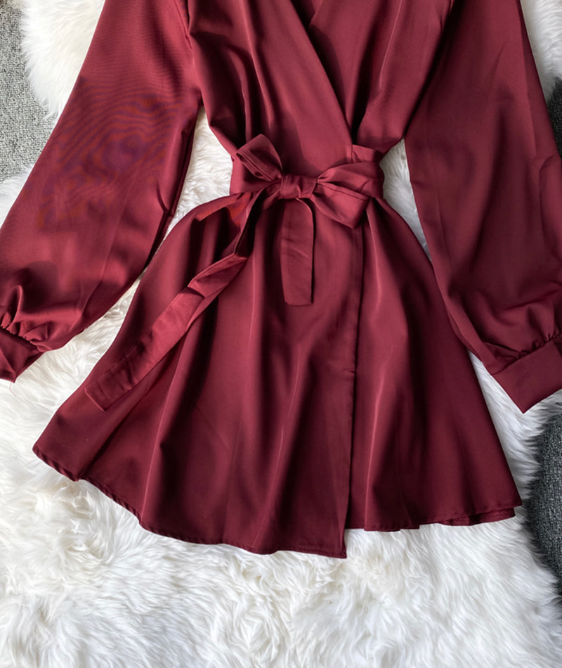 Simple v neck short dress long sleeve dress  956
