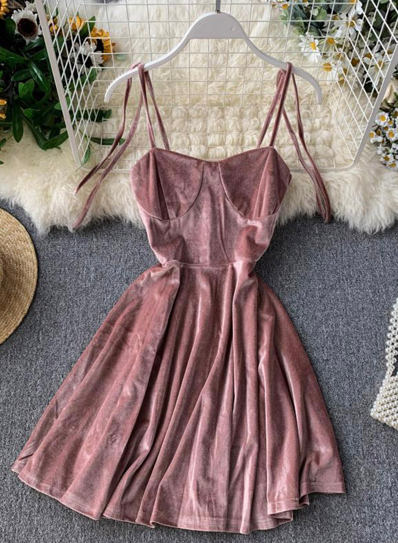 Robe courte en velours pour femme, jolie robe trapèze 1098