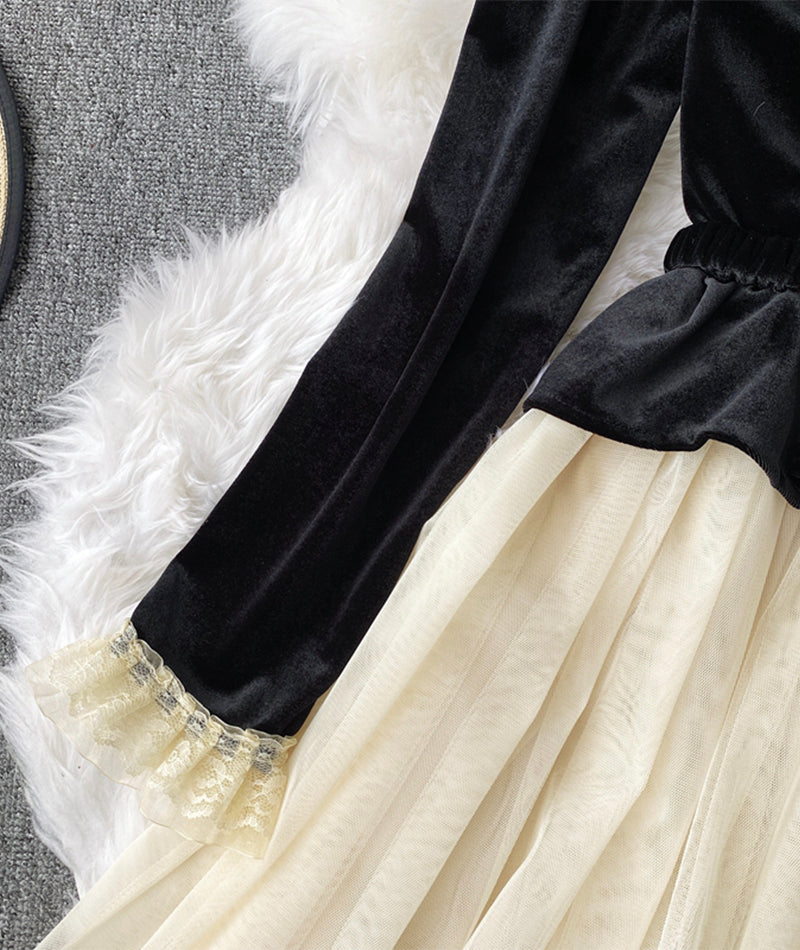 Retro A line velvet dress long sleeve dress  959