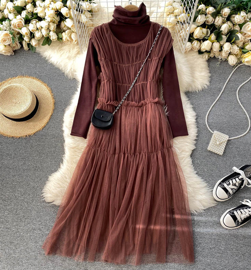 Stylish high neck bottoming shirt + sleeveless tulle dress two piece sets  991