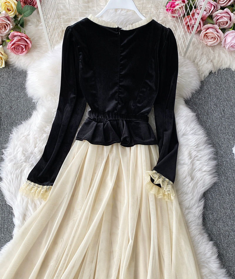 Retro A line velvet dress long sleeve dress  959