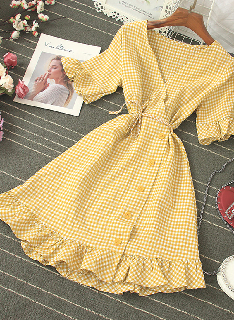 Retro v neck plaid dress women's dress  1202