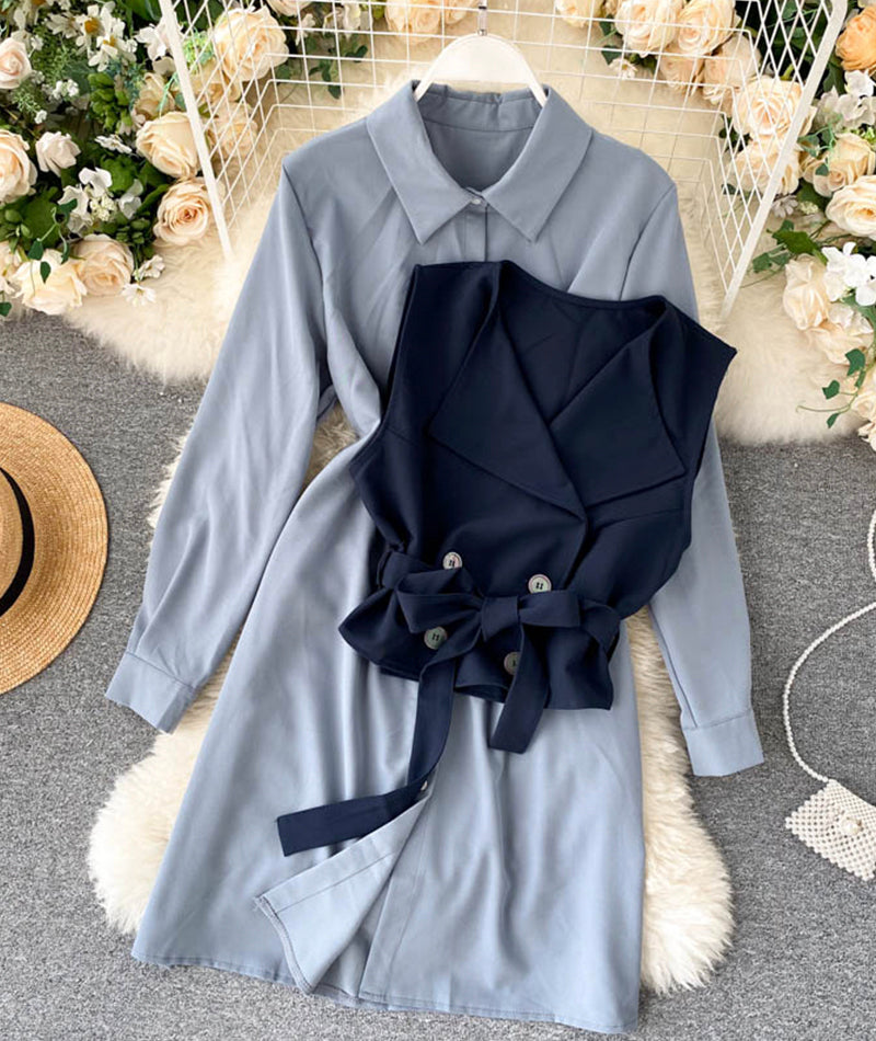 Fashionable vest + long sleeve shirt dress two pieces suit  1025