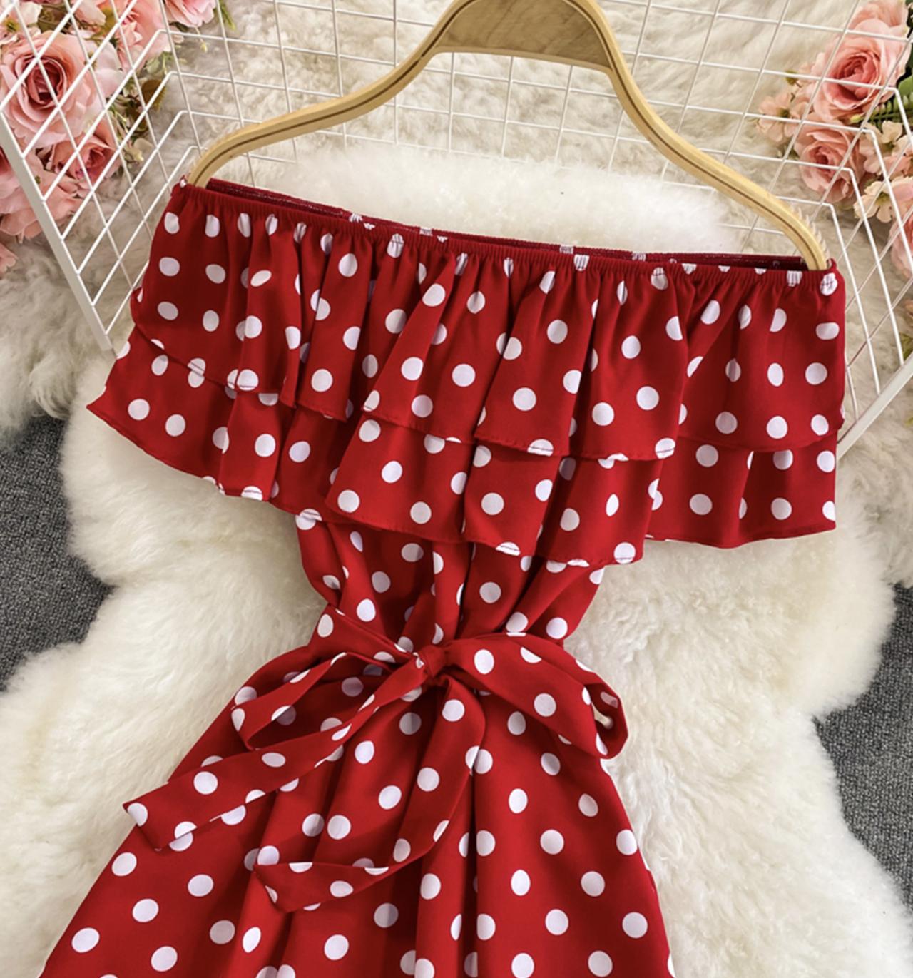 Cute polka dot dress A line off shoulder dress  712