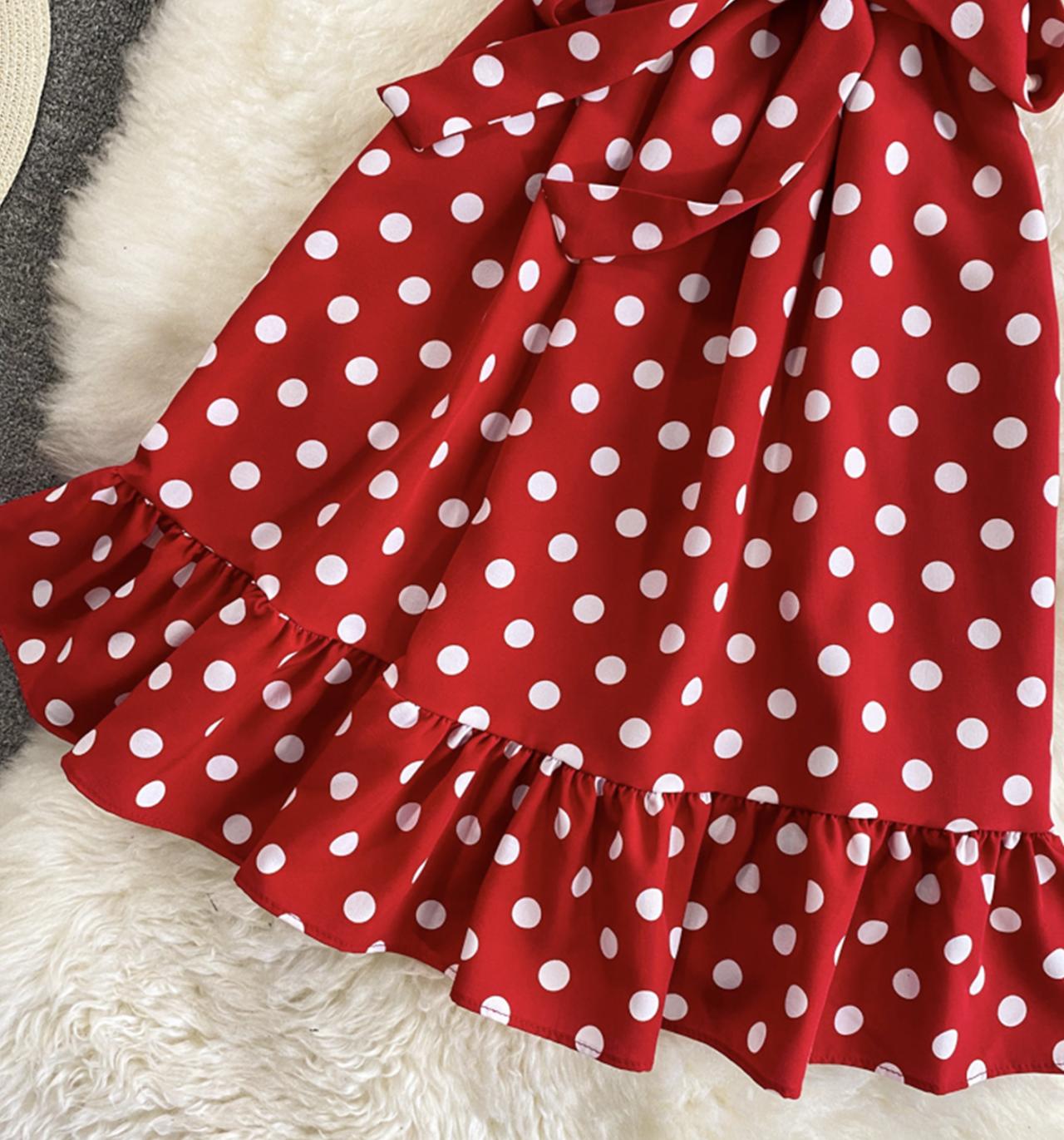 Cute polka dot dress A line off shoulder dress  712