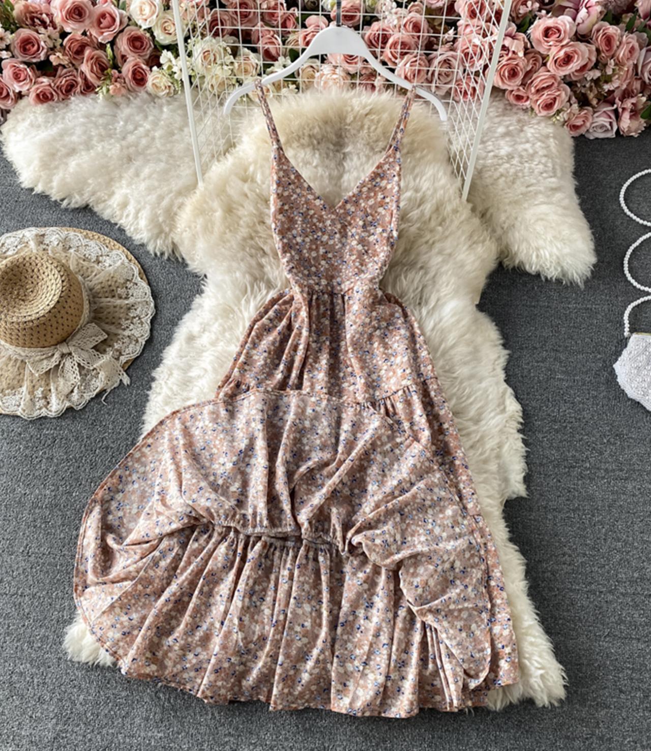 Süßes Blumenkleid in A-Linie mit V-Ausschnitt, Modekleid 721