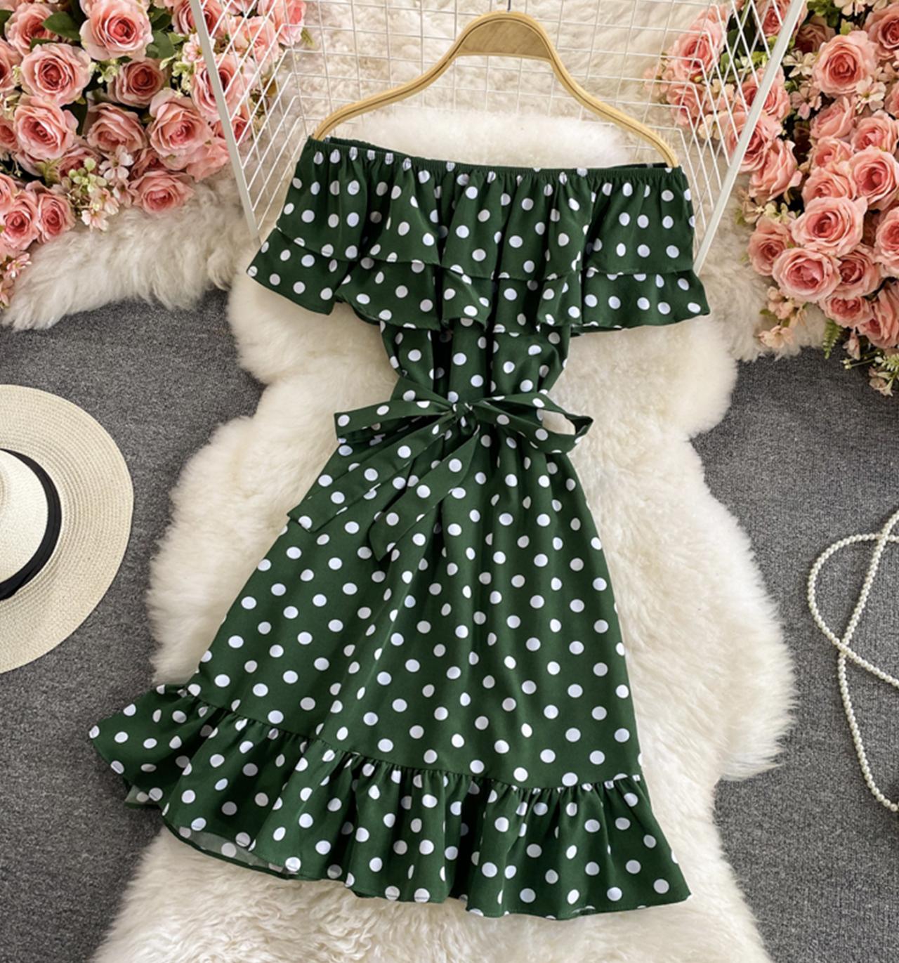 Cute polka dot dress A line off shoulder dress  712