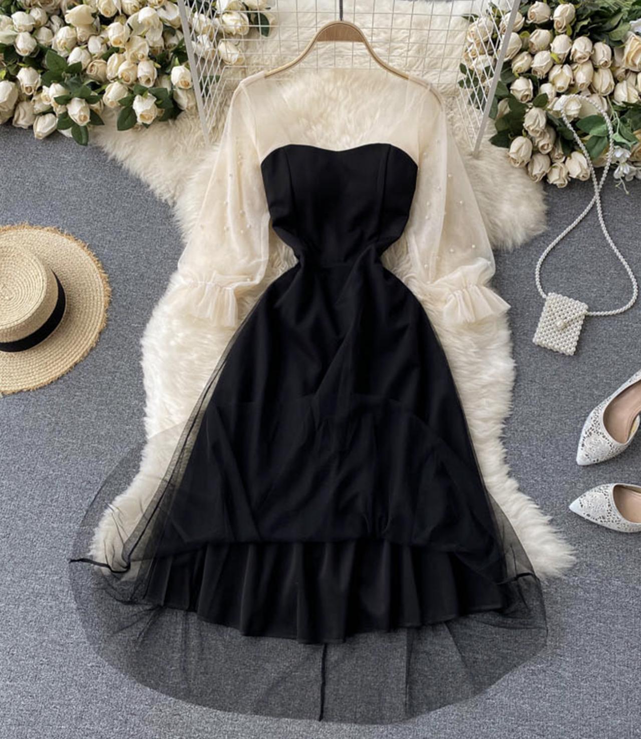 Black A line tulle short dress fashion dress  732