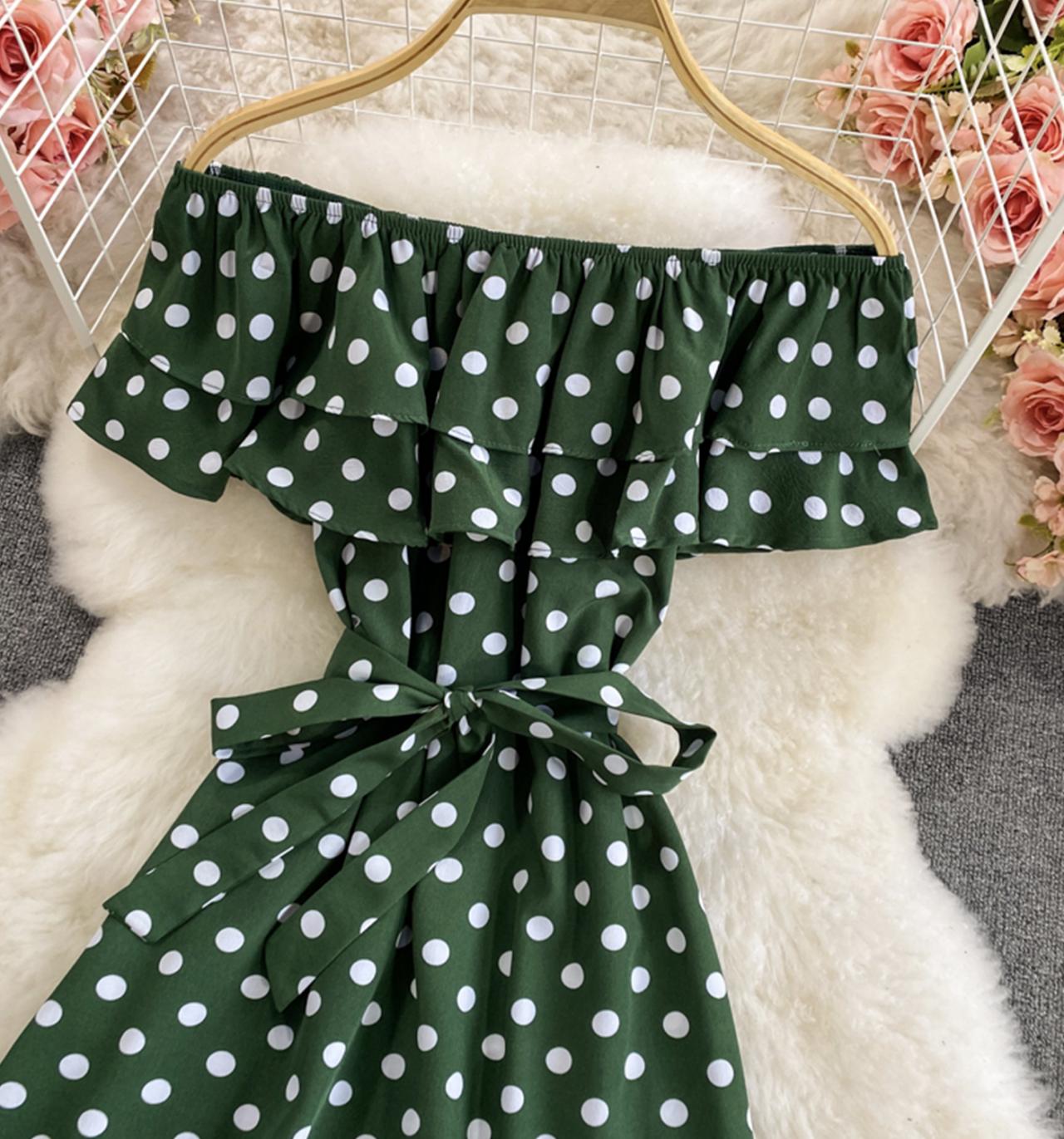 Cute polka dot dress A line off shoulder dress  712