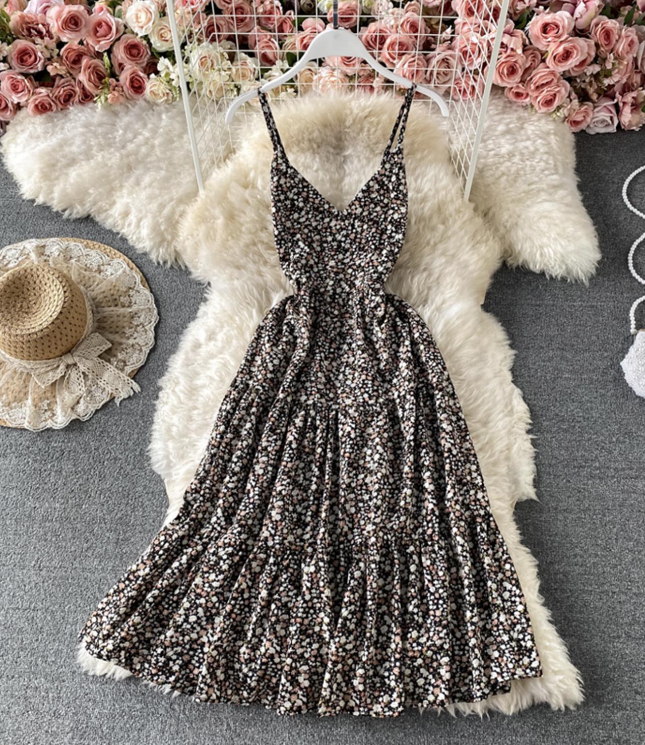 Süßes Blumenkleid in A-Linie mit V-Ausschnitt, Modekleid 721