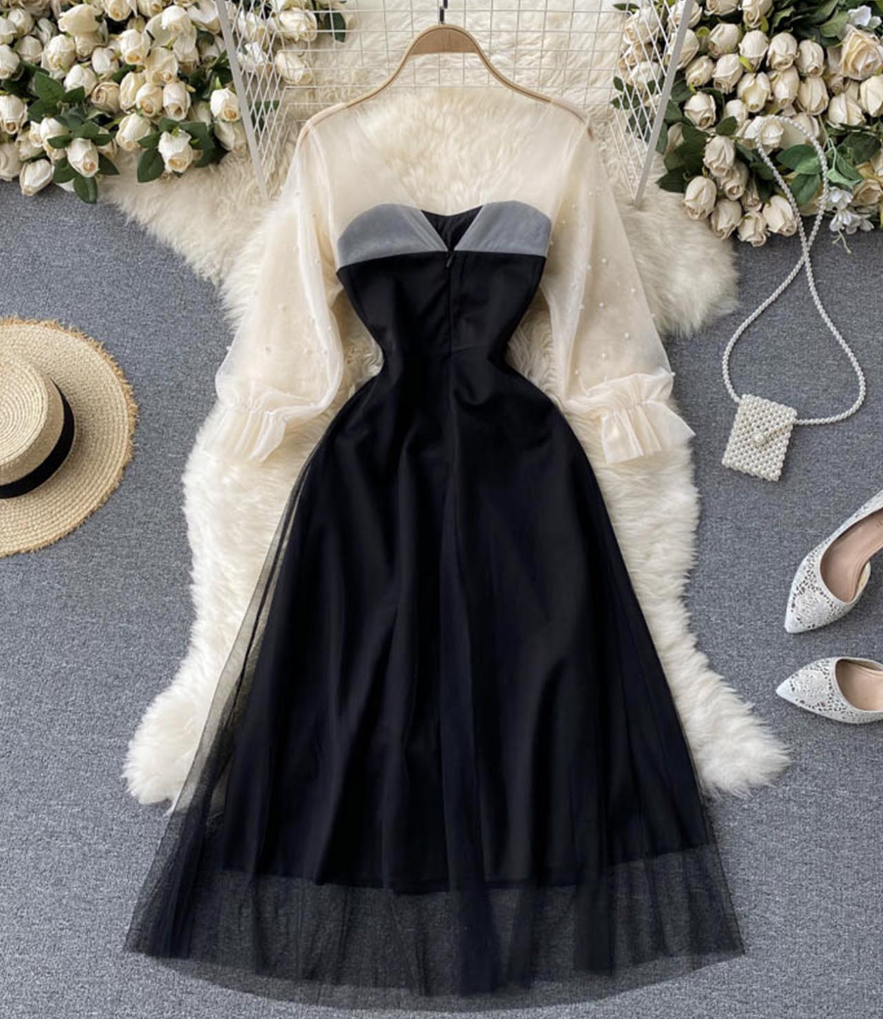 Black A line tulle short dress fashion dress  732