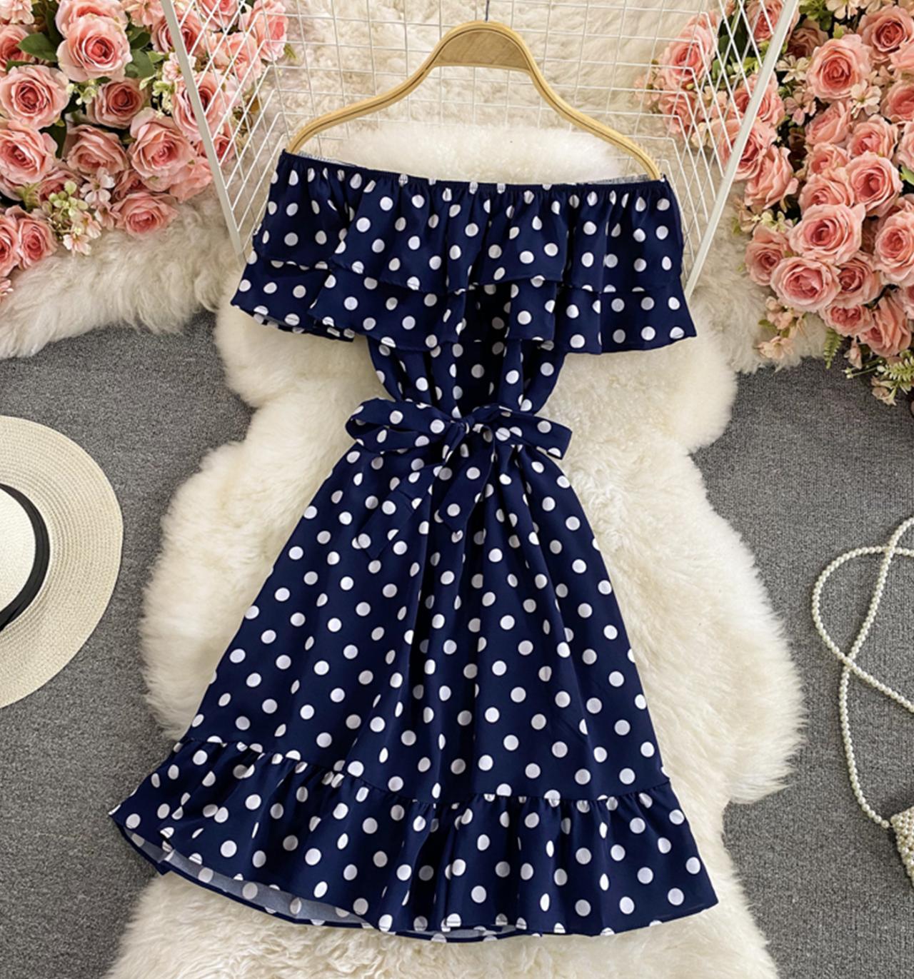 Cute polka dot dress A line off shoulder dress  712